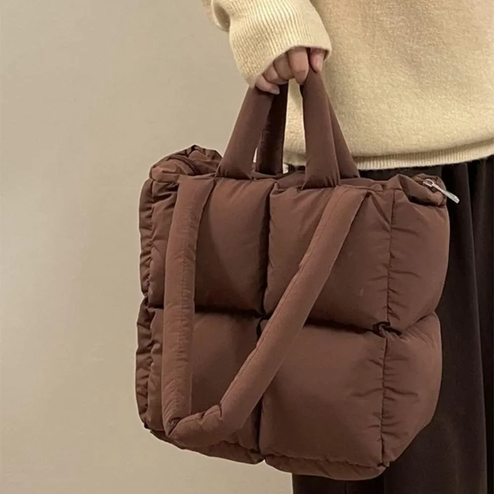 Puffer Tote Bag, Trendy Luxury Chic Quilted Large Padded Designer Handbags for Women Cotton Winter Soft Shoulder Bag