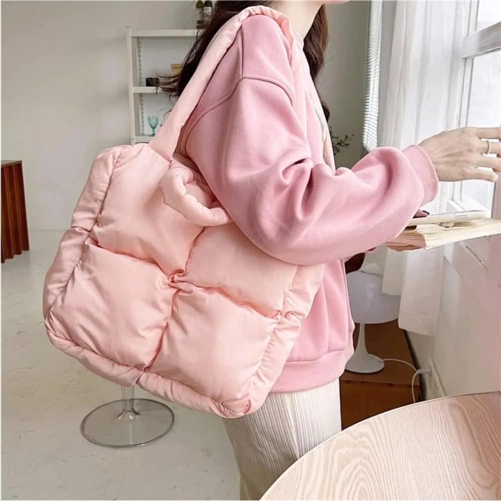 Puffer Tote Bag, Trendy Luxury Chic Quilted Large Padded Designer Handbags for Women Cotton Winter Soft Shoulder Bag