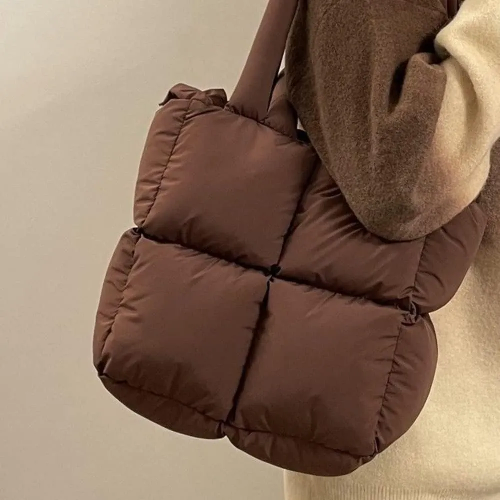 Puffer Tote Bag, Trendy Luxury Chic Quilted Large Padded Designer Handbags for Women Cotton Winter Soft Shoulder Bag