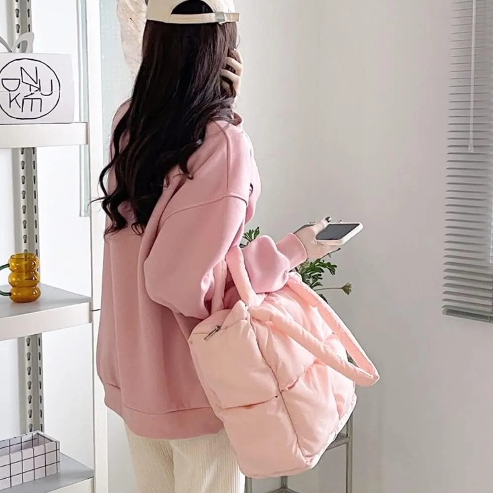 Puffer Tote Bag, Trendy Luxury Chic Quilted Large Padded Designer Handbags for Women Cotton Winter Soft Shoulder Bag
