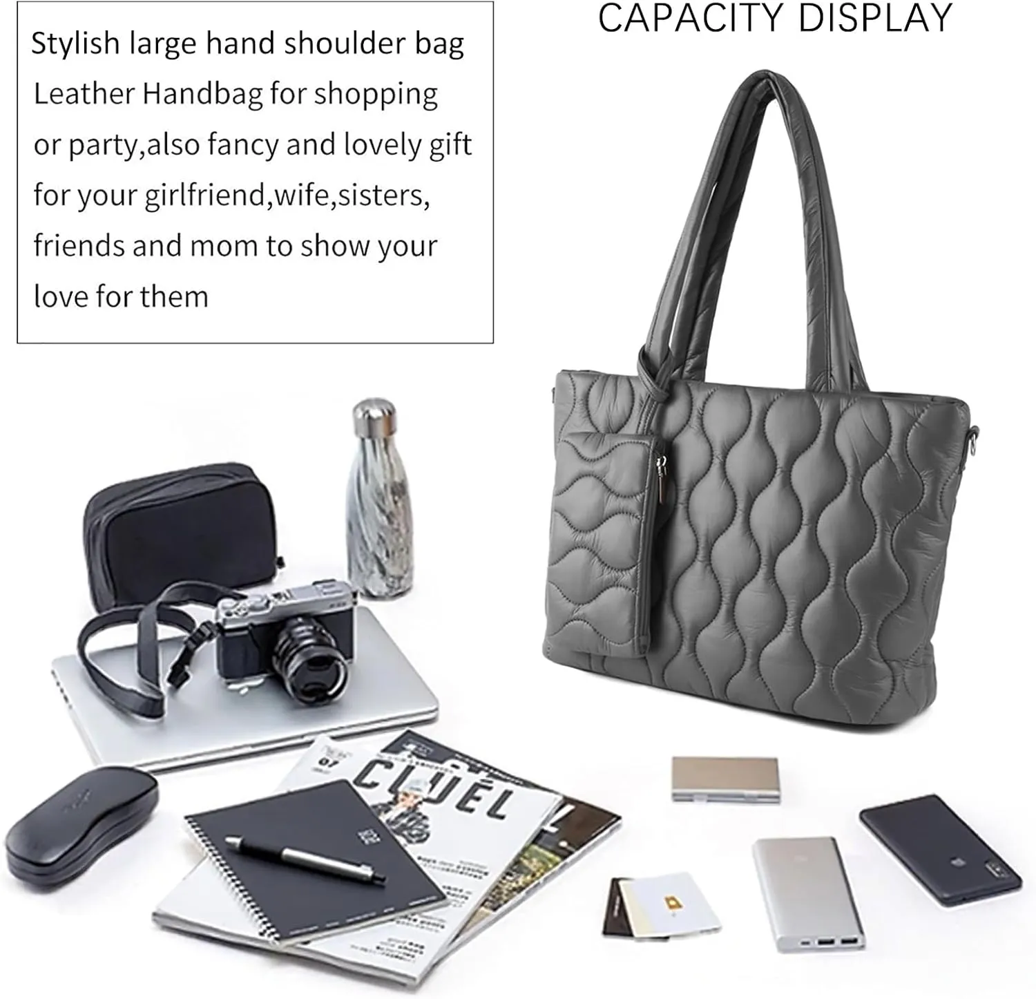 Puffer Tote Bag with zipper for Women, Large Quilted Handbags,Shoulder Bag,Top Handle Satchel for Travel,Work