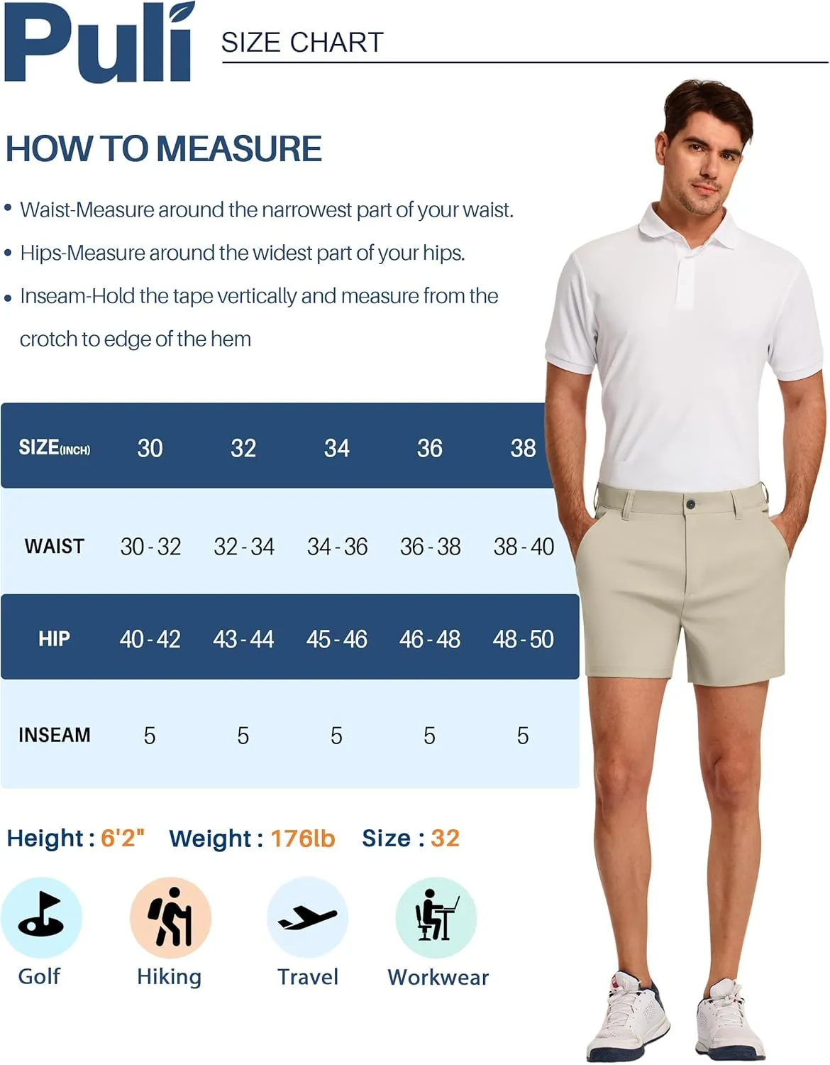 PULI Golf Shorts Men 5 Inch Inseam Relaxed Fit Stretch Dress Lightweight Casual Travel Quick Dry Summer Shorts