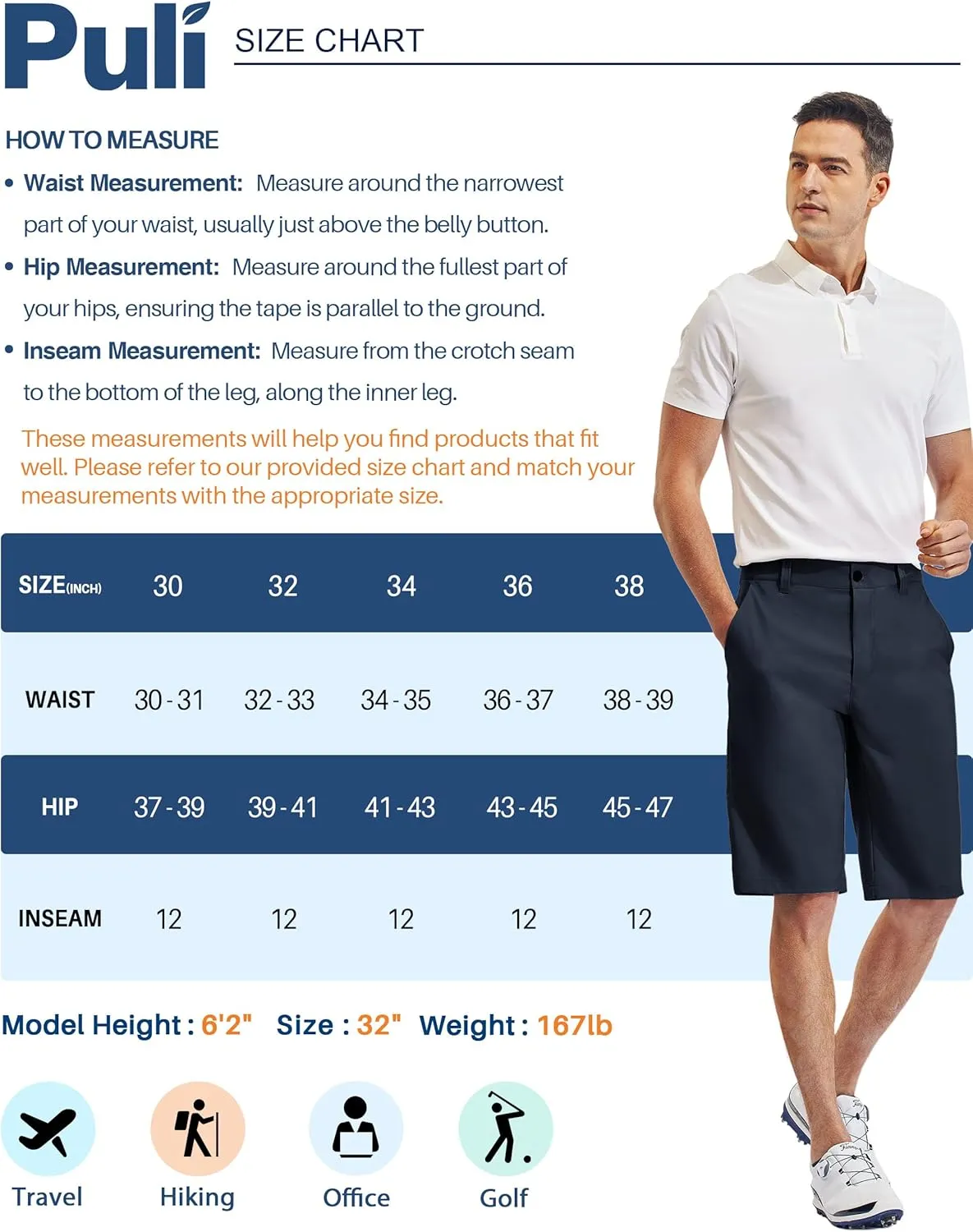 PULI Mens Golf Hiking Shorts Lightweight Casual Dress 12" Inseam Work Stretch Travel Hybrid Quick Drying with Pockets