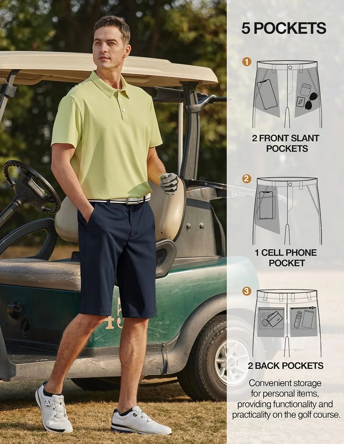 PULI Mens Golf Hiking Shorts Lightweight Casual Dress 12" Inseam Work Stretch Travel Hybrid Quick Drying with Pockets