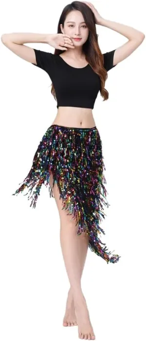 PURFUN Sparkly Sequins Tassels Hip Scarf Belt Triangle Belly Dance Wrap Skirt Halloween Raves Party Beach Cover Up Skirt