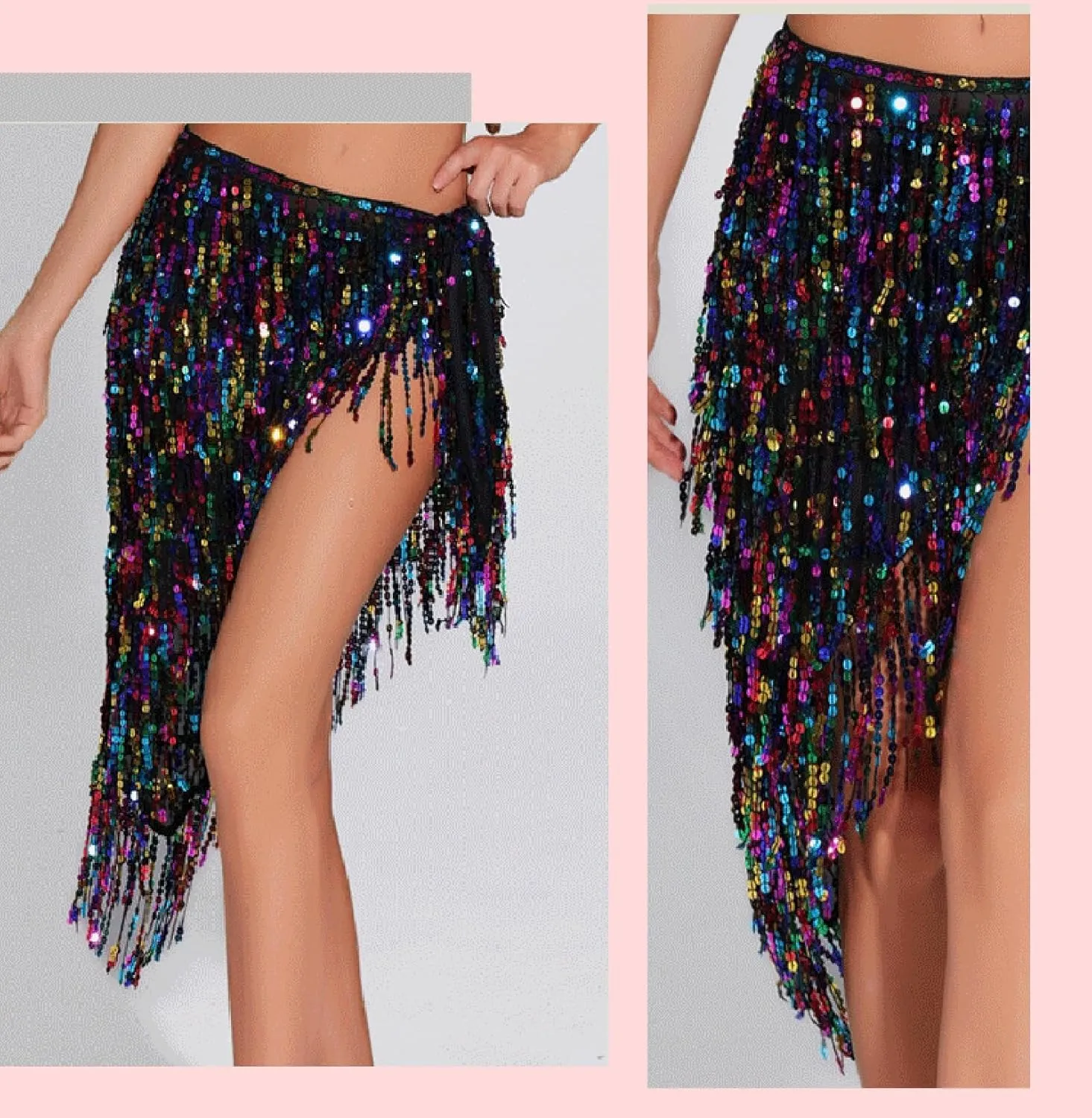 PURFUN Sparkly Sequins Tassels Hip Scarf Belt Triangle Belly Dance Wrap Skirt Halloween Raves Party Beach Cover Up Skirt