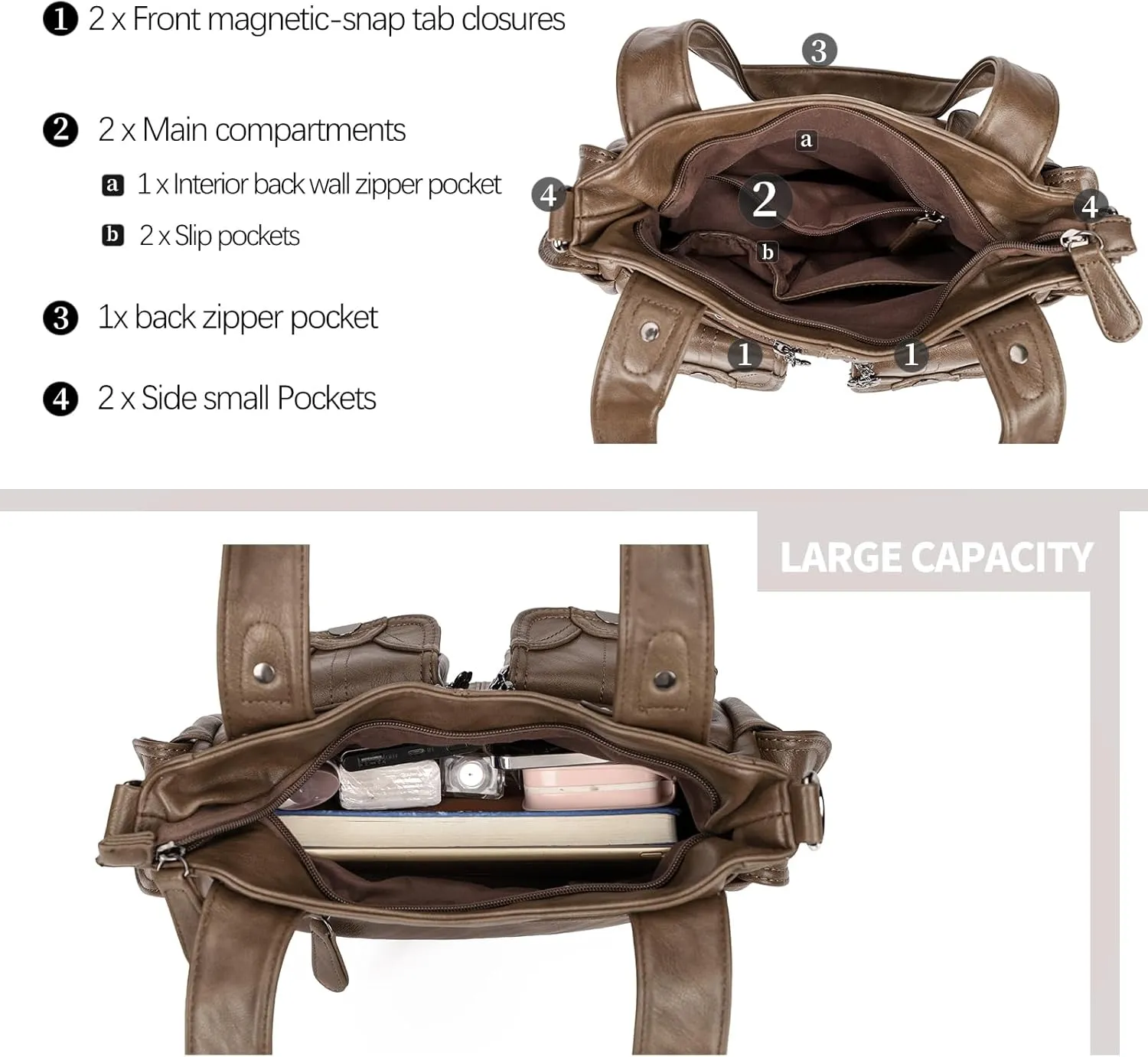 Purses and Handbags for Women Large Hobo Shoulder Bags Soft PU Leather Multi-Pocket Tote Bag