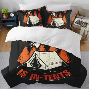 Queen Size Bedding Set with 2 Pillowcases, Camping Sunset Pine Camp, Comforter Set Summer Vintage Retro Wood for Kids and Adults Soft Cozy Bed Set