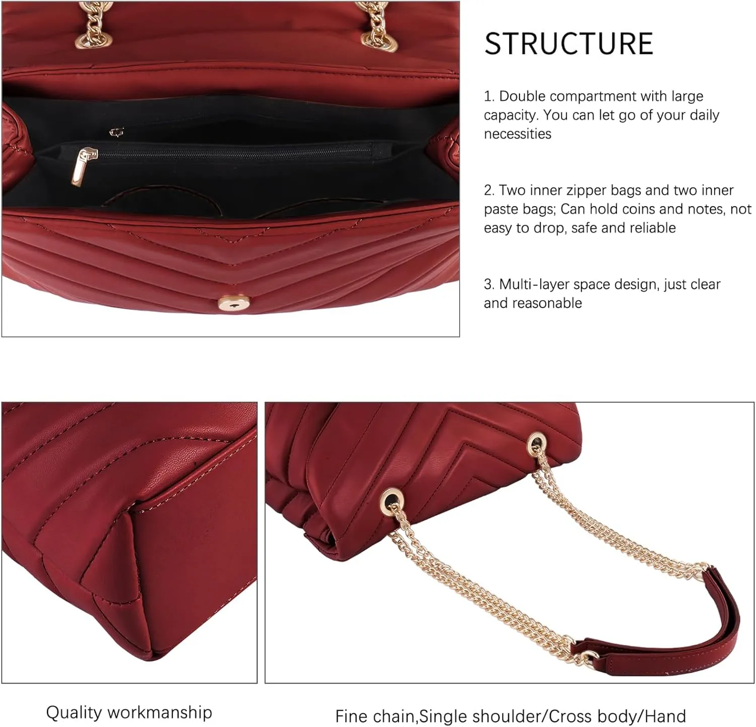 Quilted Crossbody Bag for Women, Soft Vegan Chevron Purses, Trendy Shoulder Handbags with Flap