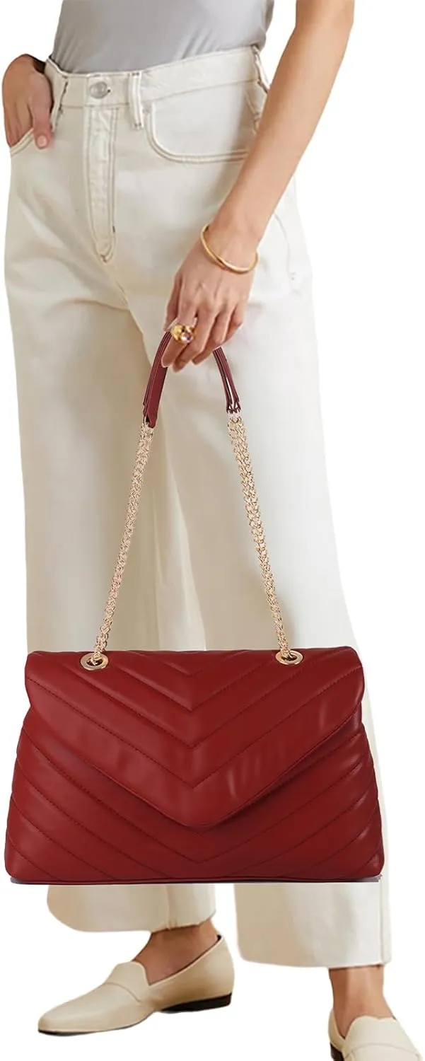 Quilted Crossbody Bag for Women, Soft Vegan Chevron Purses, Trendy Shoulder Handbags with Flap