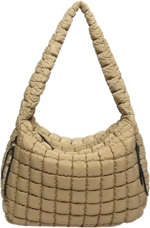 Quilted Puffer Tote Bag for Women Large Crossbody Shoulder Bag with Zipper Lightweight Travel Hobo Handbag