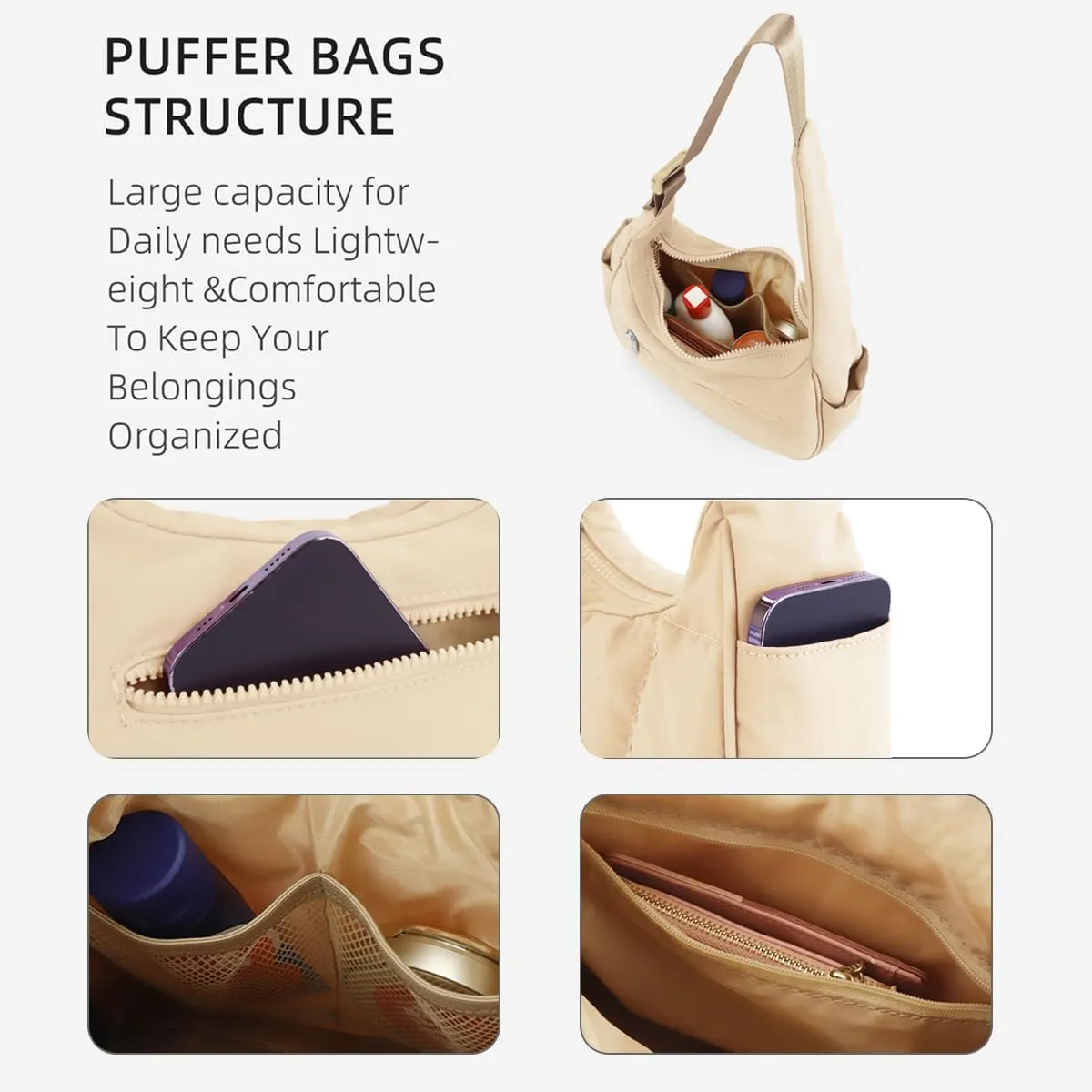 Quilted Puffer Tote Bag for Women，Small Puffer Crescent Shoulder Bag，Quilted Nylon Crossbody Bag with Adjustable Strap