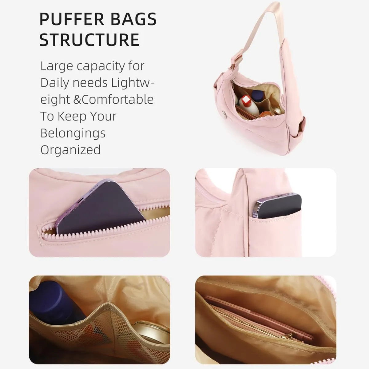 Quilted Puffer Tote Bag for Women，Small Puffer Crescent Shoulder Bag，Quilted Nylon Crossbody Bag with Adjustable Strap