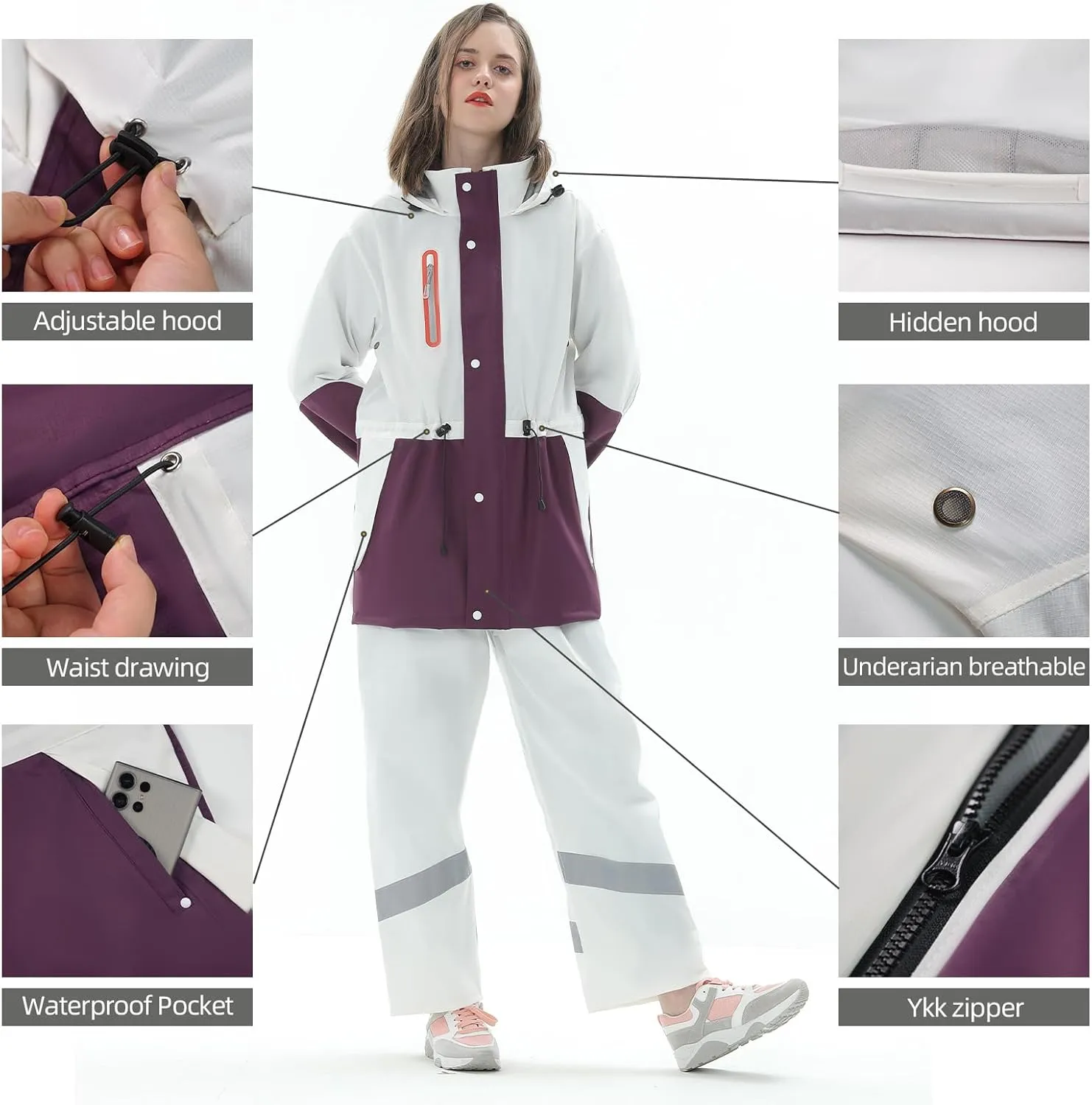 Rain Suit for Women, Waterproof Rain Jacket & Trouser with Reflective Srtip, Rain Gear for All-Sport Anti-storm