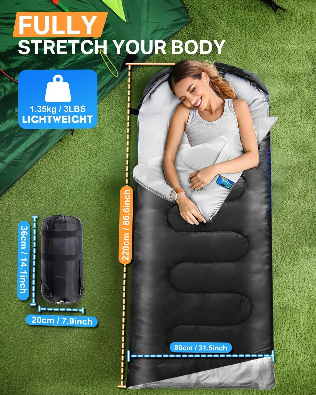 Rantizon Sleeping Bags for Adults Backpacking Lightweight Waterproof- Cold/Warm Weather Sleeping Bag for Mens Kids Boys Girls Camping Essentials Hiking Outdoor Travel Hunting with Compression Bags