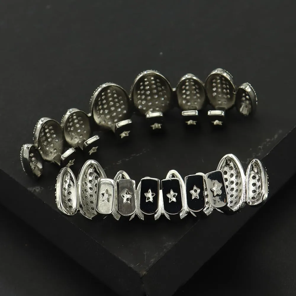 Rap Hip-Hop Teeth Grillz Set for Halloween with Copper CZ Bling Grillz Diamond Grills for Your Teeth for Men Women 18K Gold Plated Iced Out Macro Pave Cubic Zirconia Mouth Grill with Extra Molding Bars Included