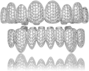 Rap Hip-Hop Teeth Grillz Set for Halloween with Copper CZ Bling Grillz Diamond Grills for Your Teeth for Men Women 18K Gold Plated Iced Out Macro Pave Cubic Zirconia Mouth Grill with Extra Molding Bars Included
