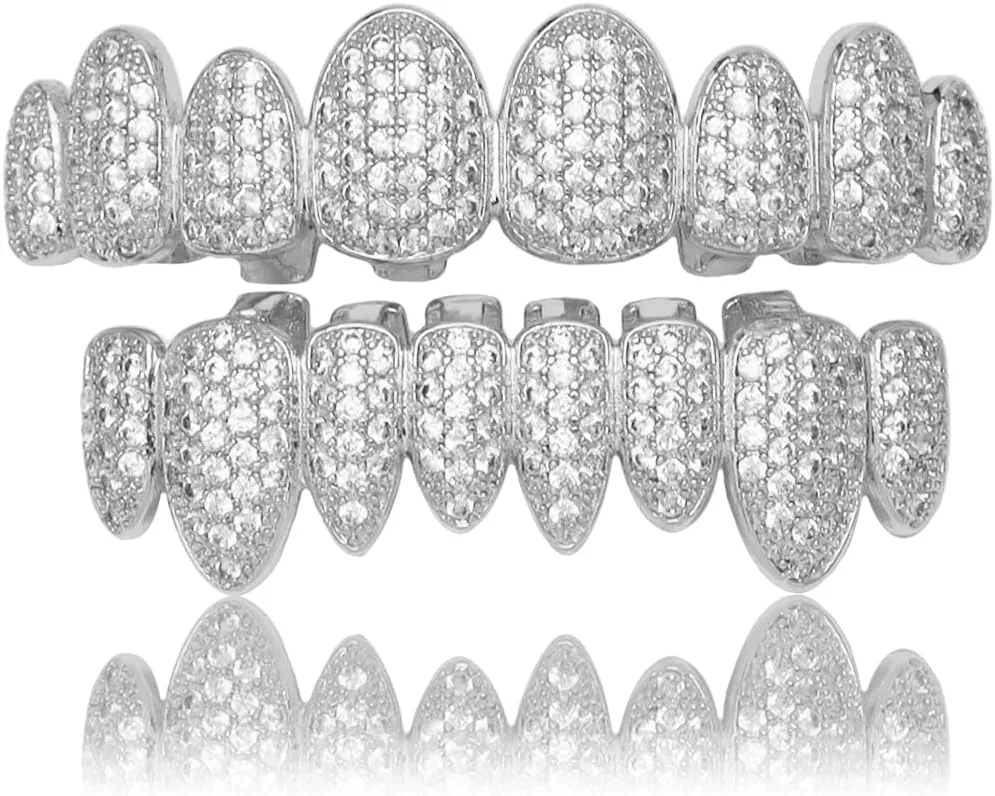 Rap Hip-Hop Teeth Grillz Set for Halloween with Copper CZ Bling Grillz Diamond Grills for Your Teeth for Men Women 18K Gold Plated Iced Out Macro Pave Cubic Zirconia Mouth Grill with Extra Molding Bars Included