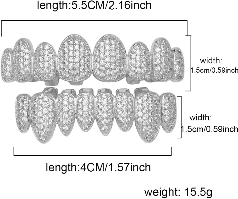 Rap Hip-Hop Teeth Grillz Set for Halloween with Copper CZ Bling Grillz Diamond Grills for Your Teeth for Men Women 18K Gold Plated Iced Out Macro Pave Cubic Zirconia Mouth Grill with Extra Molding Bars Included