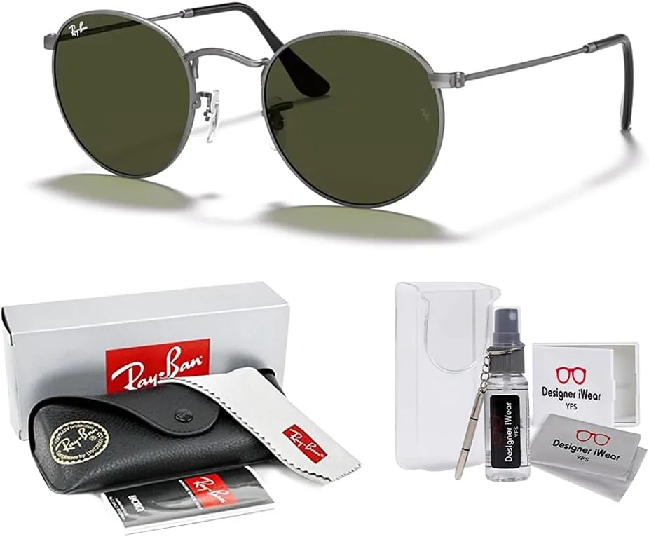 Ray-Ban RB3447 ROUND METAL Sunglasses For Men   BUNDLE with Designer iWear Eyewear Care Kit