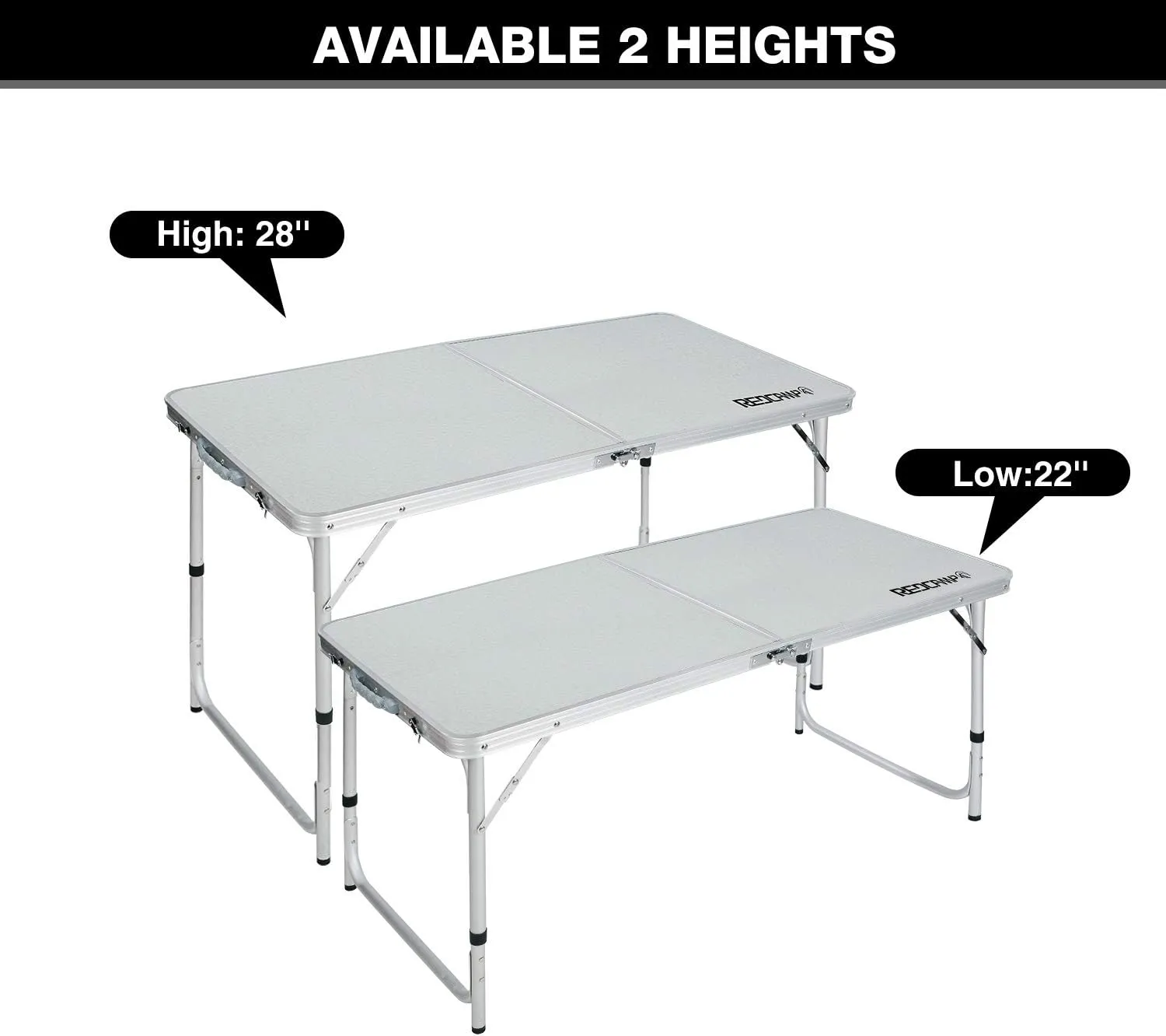 REDCAMP Aluminum Camping Table 4 Foot, Portable Folding Table Adjustable Height Lightweight for Picnic Beach Outdoor Indoor, White 48 x 24 inches