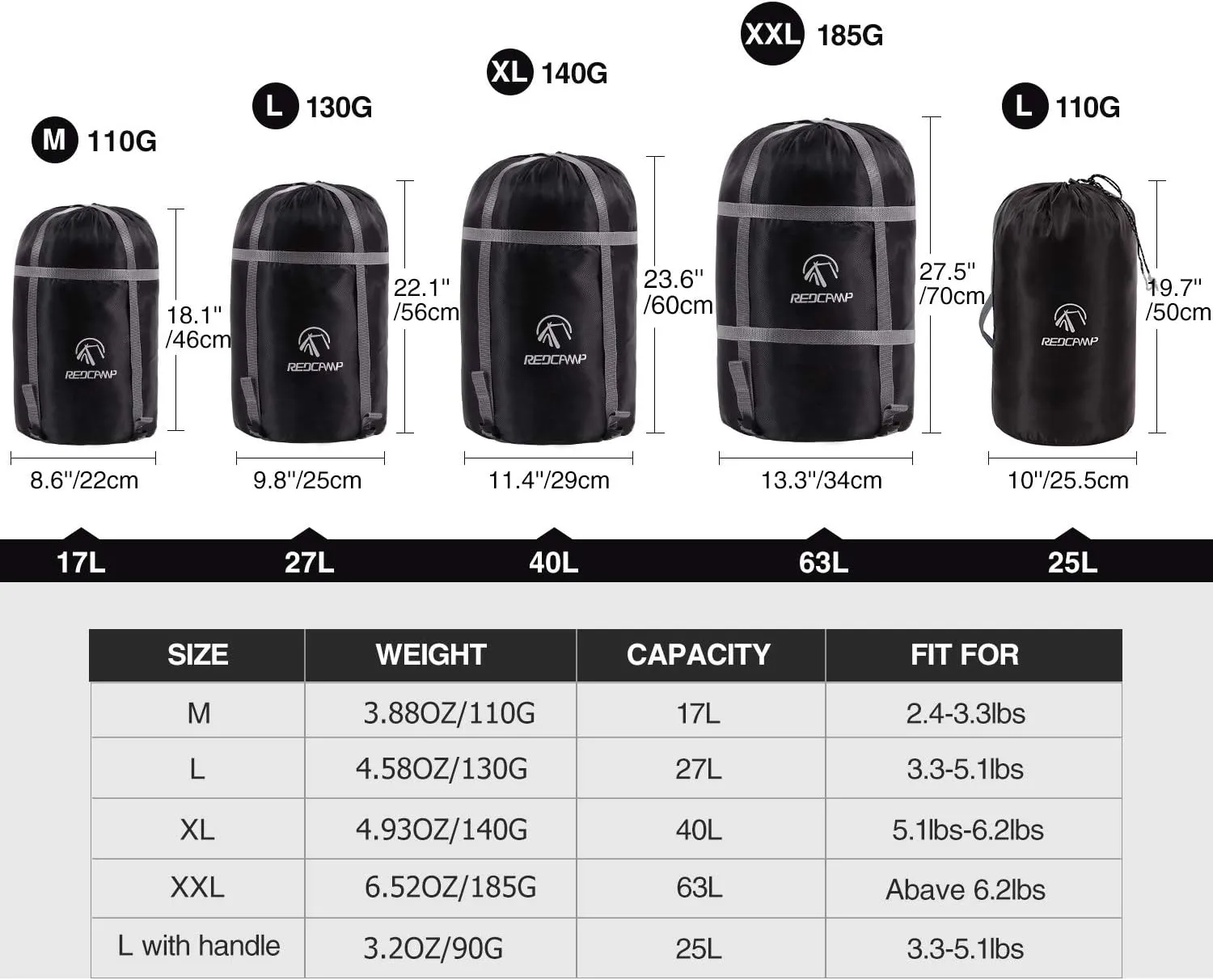 REDCAMP Sleeping Bag Stuff Sack, Black M, L, XL and XXL Compression Sack, Great for Backpacking and Camping