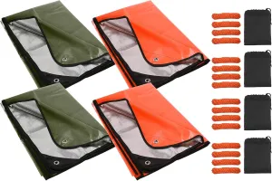 RedSwing 4 Pack Survival Blanket, Waterproof Emergency Thermal Tarp, Multipurpose Reflective Insulated All Weather Blankets for Camping Hiking, Green x 2, Orange x 2