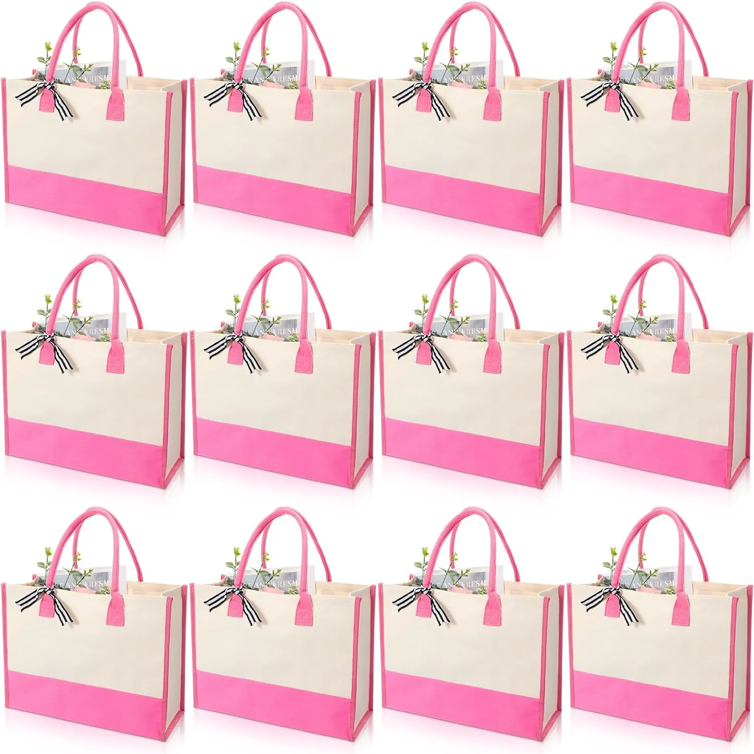 Reginary 12 Pack Canvas Tote Bags Initial Classic Present Personalized Canvas Beach Bag for Wedding, Birthday, Beach(Pink and White)