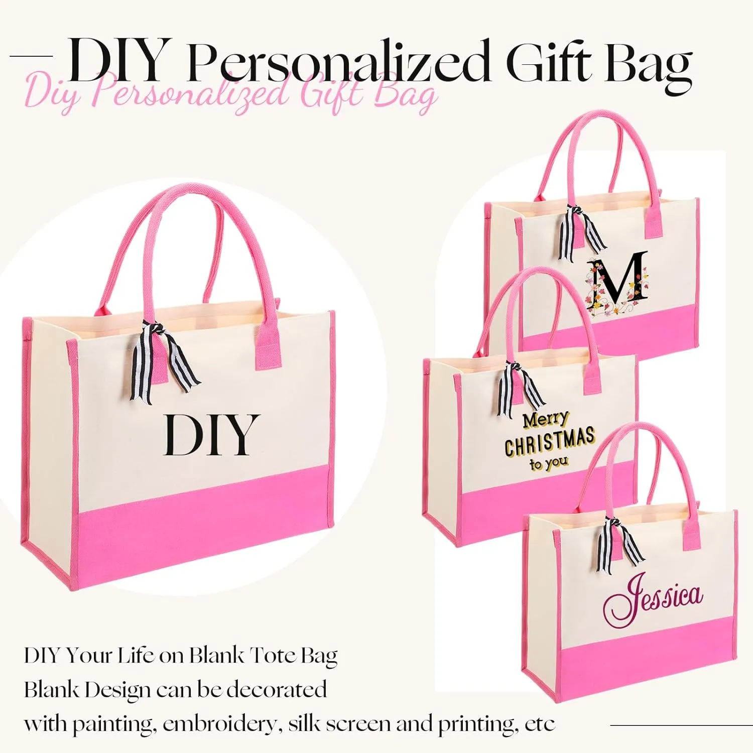 Reginary 12 Pack Canvas Tote Bags Initial Classic Present Personalized Canvas Beach Bag for Wedding, Birthday, Beach(Pink and White)