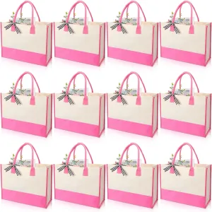 Reginary 12 Pack Canvas Tote Bags Initial Classic Present Personalized Canvas Beach Bag for Wedding, Birthday, Beach(Pink and White)