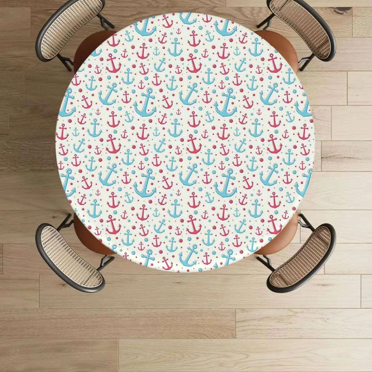 Retro Elastic Fitted Round Tablecloths Anchor Shape in Lines Tropics Transport Tablecloth Elastic Edged Round Waterproof Table Cloth Anchor Decor Fits up 45"-50" Diameter Tables