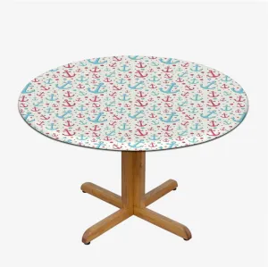 Retro Elastic Fitted Round Tablecloths Anchor Shape in Lines Tropics Transport Tablecloth Elastic Edged Round Waterproof Table Cloth Anchor Decor Fits up 45"-50" Diameter Tables
