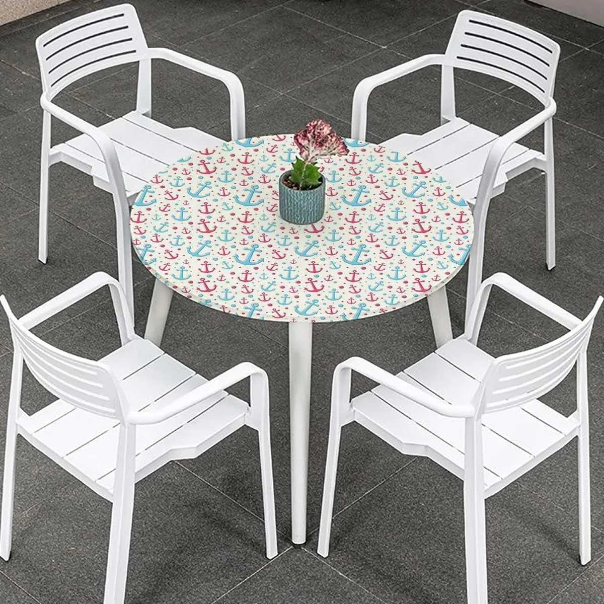 Retro Elastic Fitted Round Tablecloths Anchor Shape in Lines Tropics Transport Tablecloth Elastic Edged Round Waterproof Table Cloth Anchor Decor Fits up 45"-50" Diameter Tables