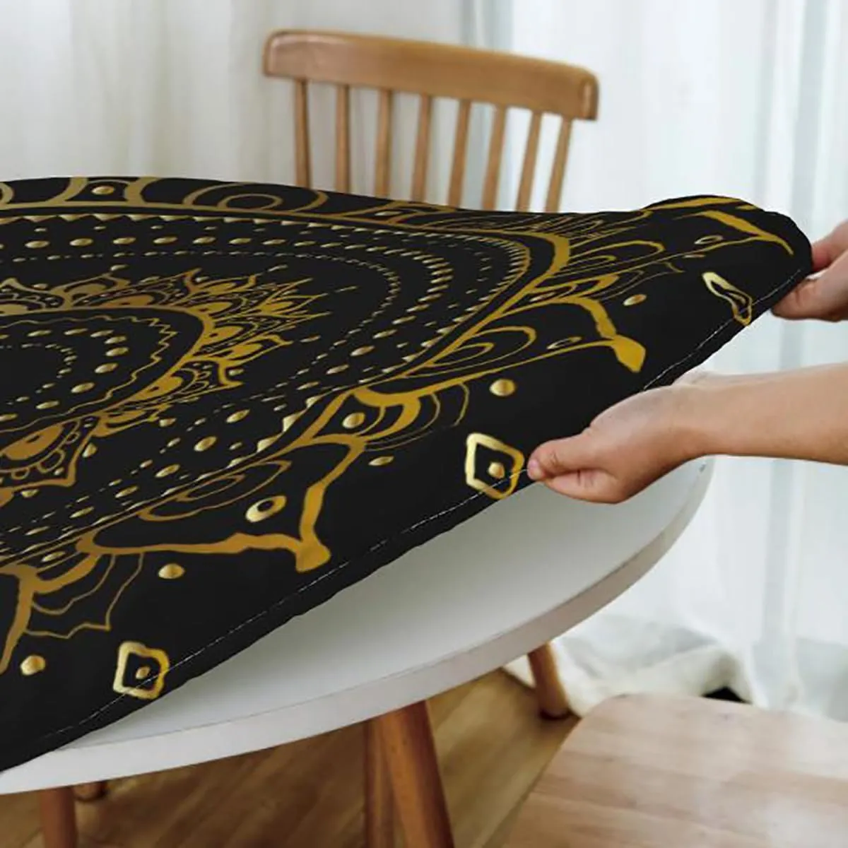 Retro Elastic Fitted Round Tablecloths Anchor Shape in Lines Tropics Transport Tablecloth Elastic Edged Round Waterproof Table Cloth Anchor Decor Fits up 45"-50" Diameter Tables
