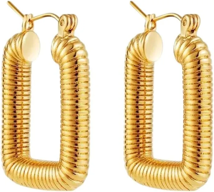 Retro Round Tube Square Textured Earrings Non Tarnish Striped Aesthetic Ear Hoops Trending Designer Jewelry Gifts