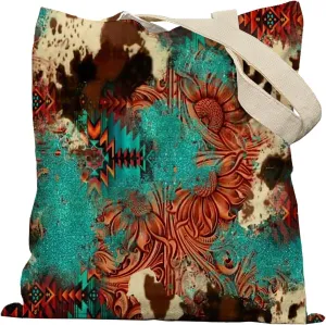 Retro Western Tote Bag, Western Canvas Tote Bags for Women, Western Gifts for Women, Cowgirl Gifts, Western Stuff for Women, Cowgirl Stuff, Reusable Grocery Bags Shopping Bags