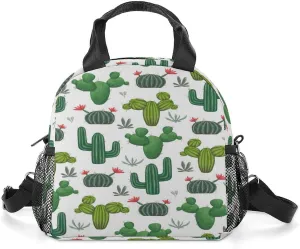 Reusable Cooler Insulated Lunch Bag, Removable Strap Tote Handbag Thermal Reusable Box with Two Mesh Pockets 10x9x6.5 in Print Seamless Green Cacti, Succulents and Floral Flowers on White