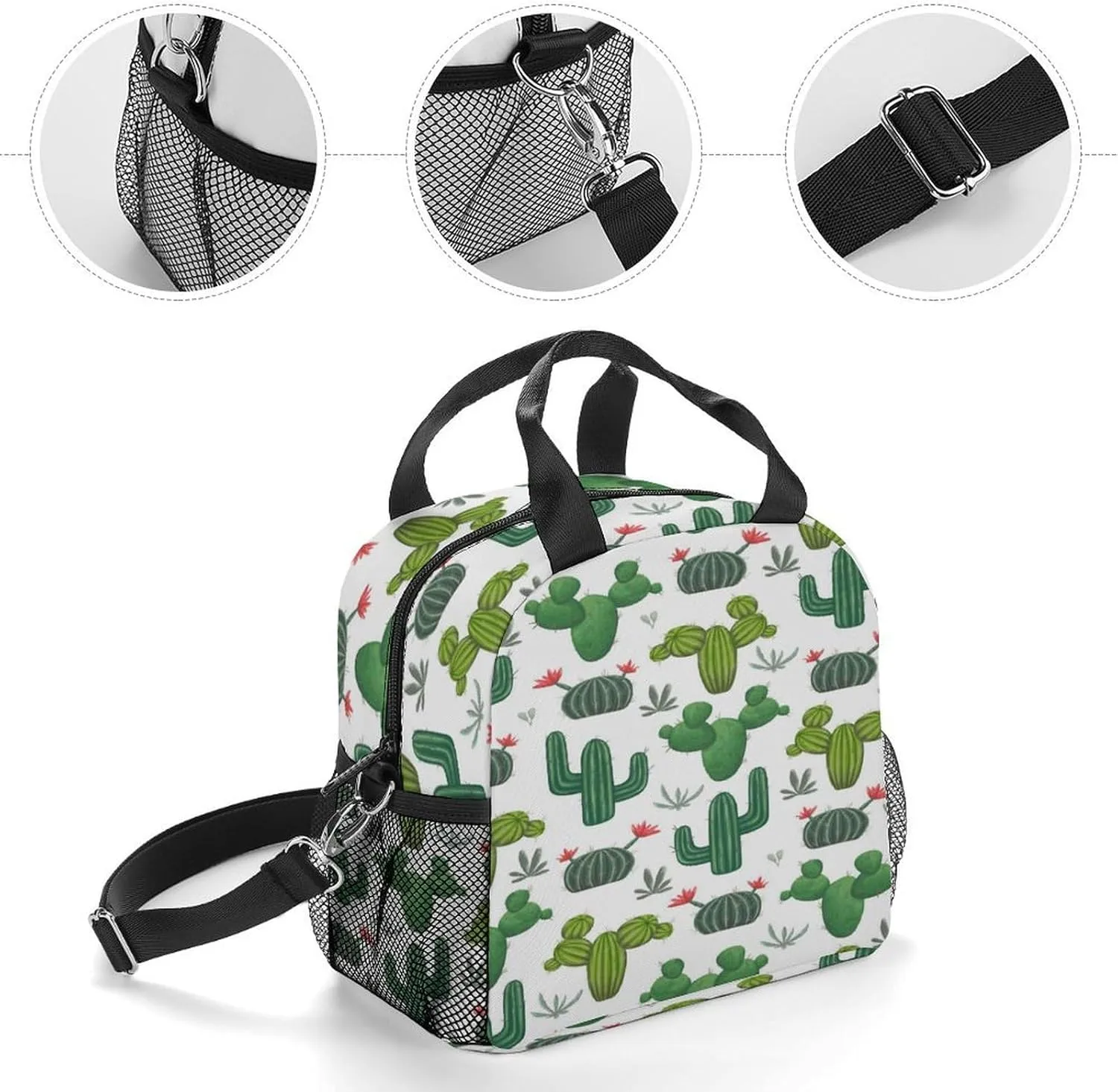 Reusable Cooler Insulated Lunch Bag, Removable Strap Tote Handbag Thermal Reusable Box with Two Mesh Pockets 10x9x6.5 in Print Seamless Green Cacti, Succulents and Floral Flowers on White