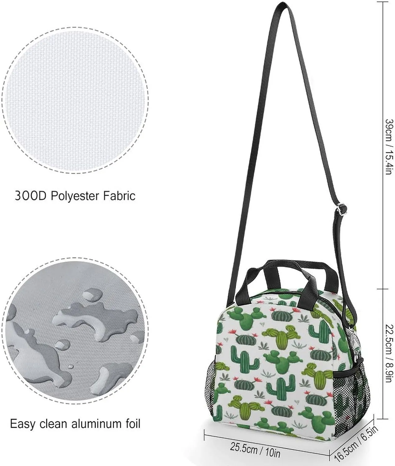 Reusable Cooler Insulated Lunch Bag, Removable Strap Tote Handbag Thermal Reusable Box with Two Mesh Pockets 10x9x6.5 in Print Seamless Green Cacti, Succulents and Floral Flowers on White