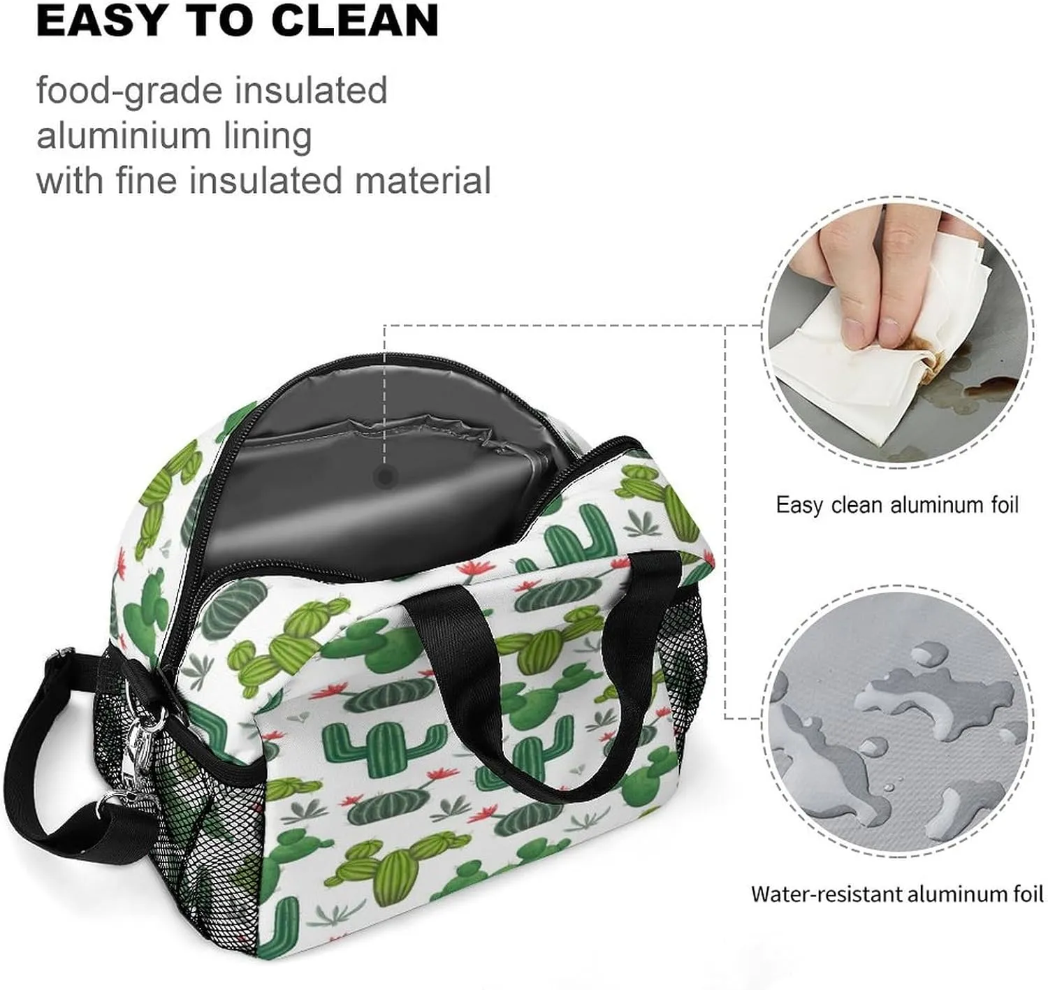 Reusable Cooler Insulated Lunch Bag, Removable Strap Tote Handbag Thermal Reusable Box with Two Mesh Pockets 10x9x6.5 in Print Seamless Green Cacti, Succulents and Floral Flowers on White