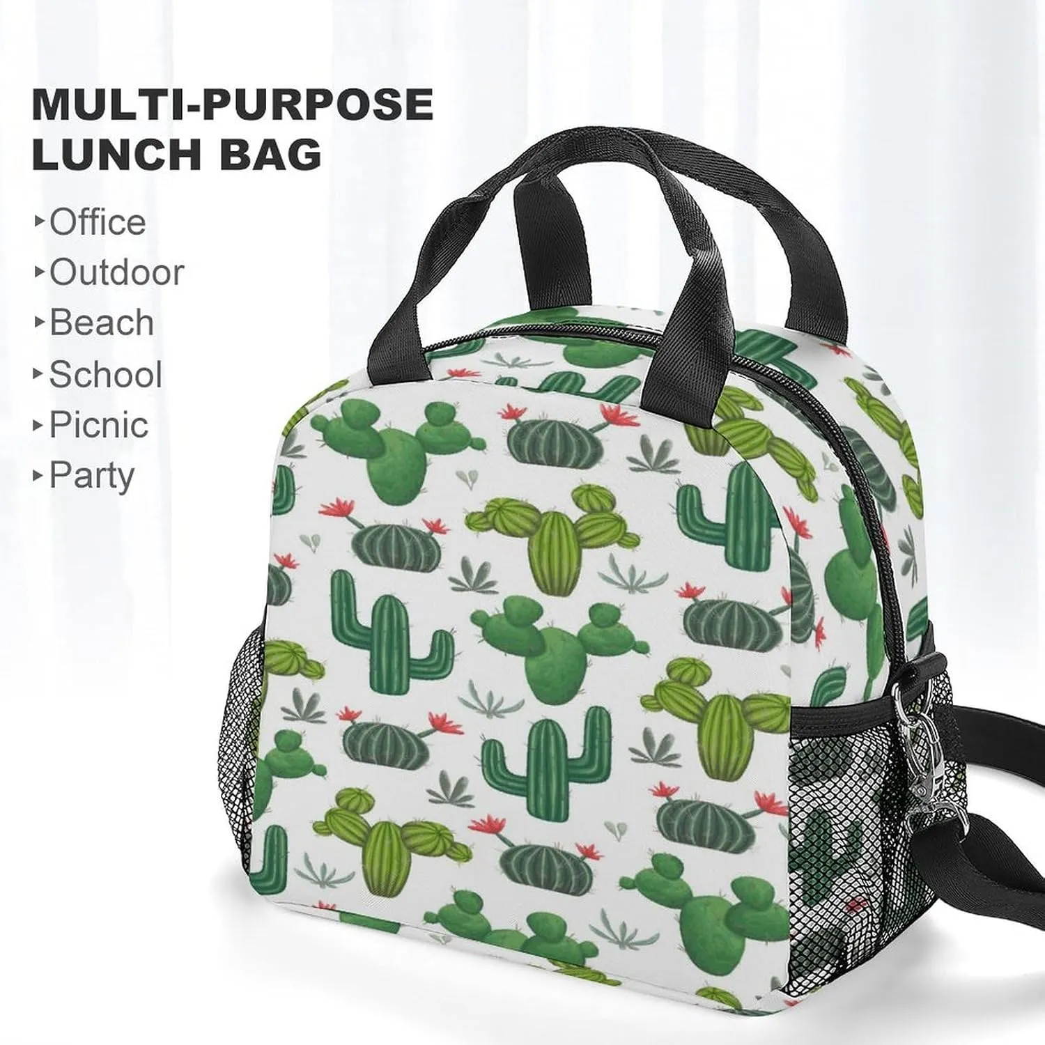 Reusable Cooler Insulated Lunch Bag, Removable Strap Tote Handbag Thermal Reusable Box with Two Mesh Pockets 10x9x6.5 in Print Seamless Green Cacti, Succulents and Floral Flowers on White