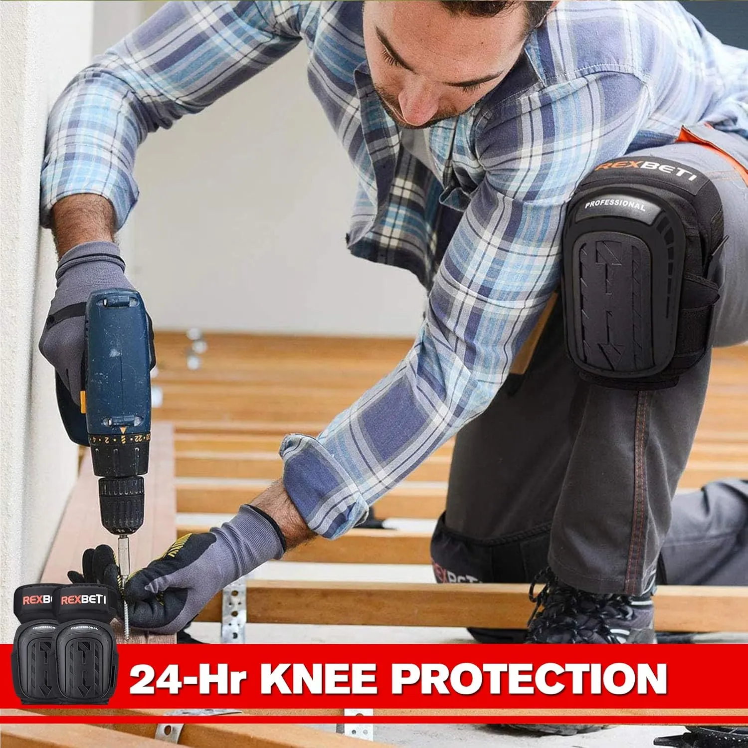 REXBETI Knee Pads for Work, Construction Knee Pads for Men, Heavy Duty Comfortable Anti-slip Foam Gel Knee Pads for Gardening Flooring and Cleaning, Strong Stretchable Straps, Black