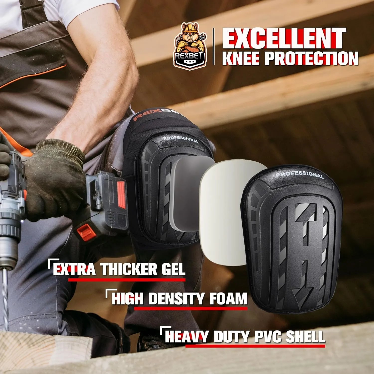REXBETI Knee Pads for Work, Construction Knee Pads for Men, Heavy Duty Comfortable Anti-slip Foam Gel Knee Pads for Gardening Flooring and Cleaning, Strong Stretchable Straps, Black