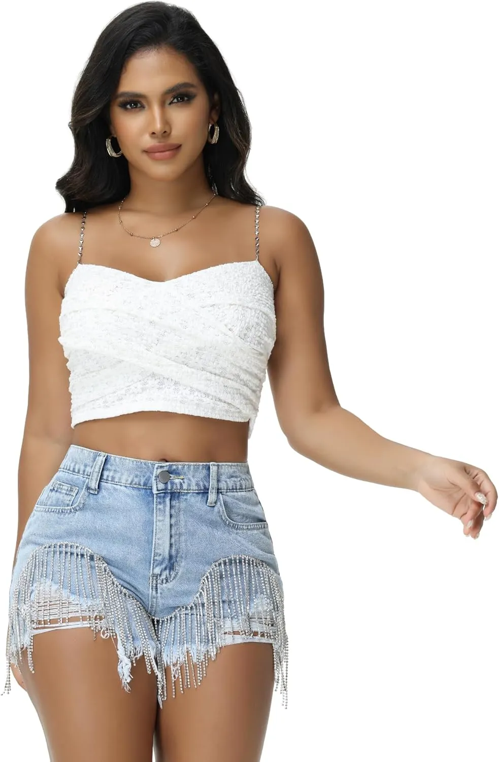 Rhinestone Jean Shorts Country Concert Cowgirl Outfits for Women Sequin Fringe Denim Shorts Ripped Frayed Hem