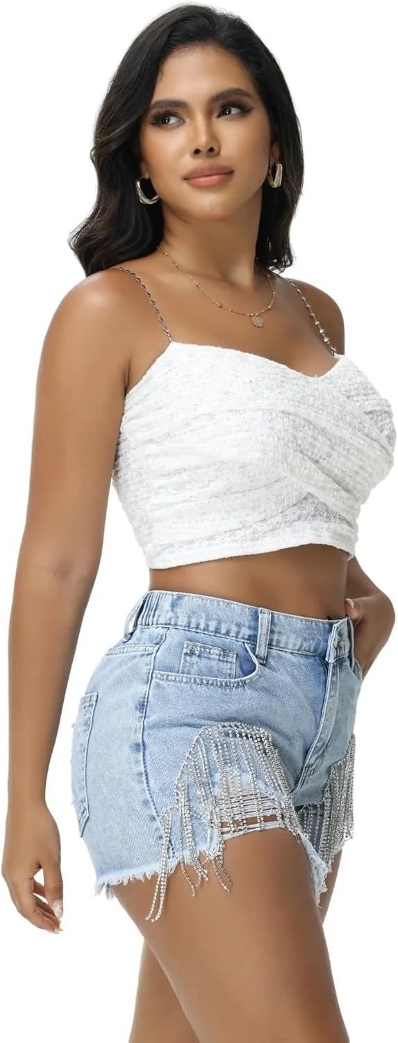 Rhinestone Jean Shorts Country Concert Cowgirl Outfits for Women Sequin Fringe Denim Shorts Ripped Frayed Hem