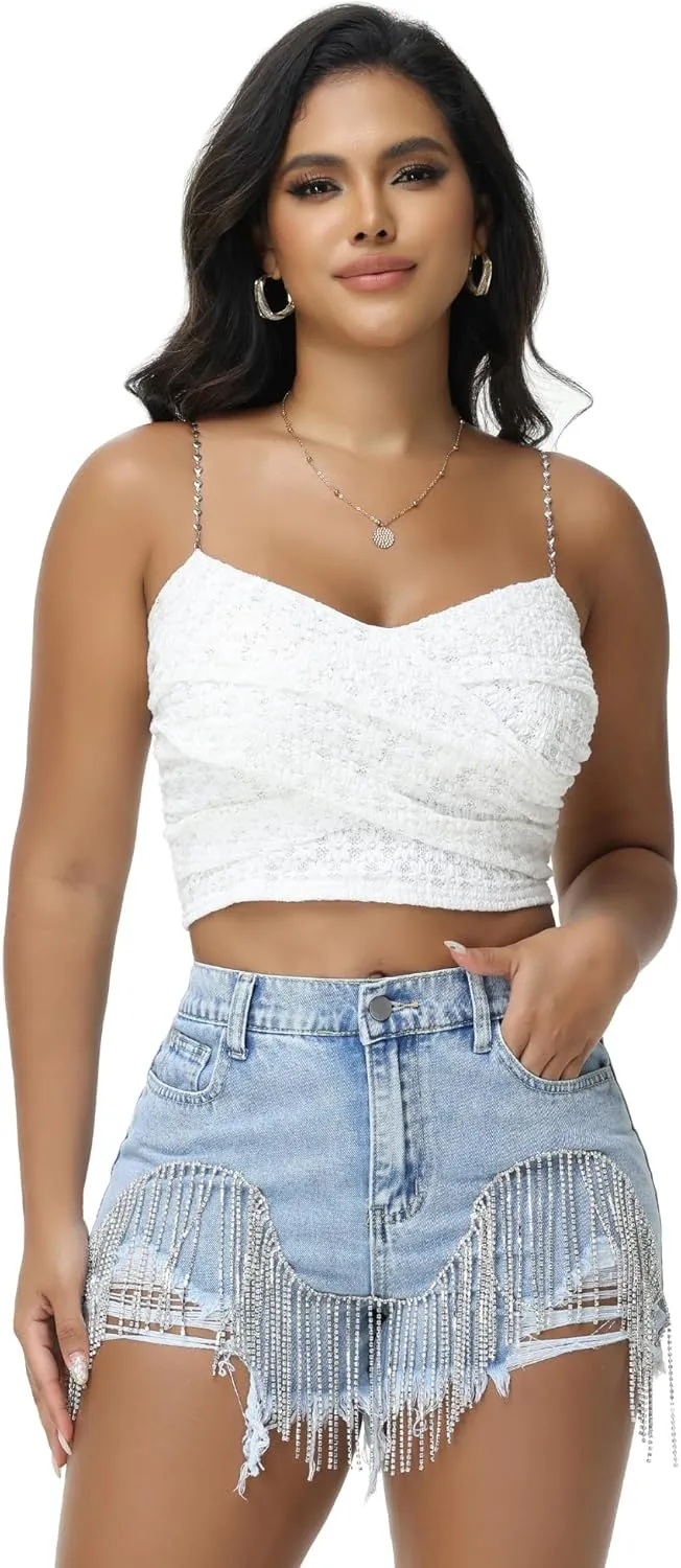 Rhinestone Jean Shorts Country Concert Cowgirl Outfits for Women Sequin Fringe Denim Shorts Ripped Frayed Hem