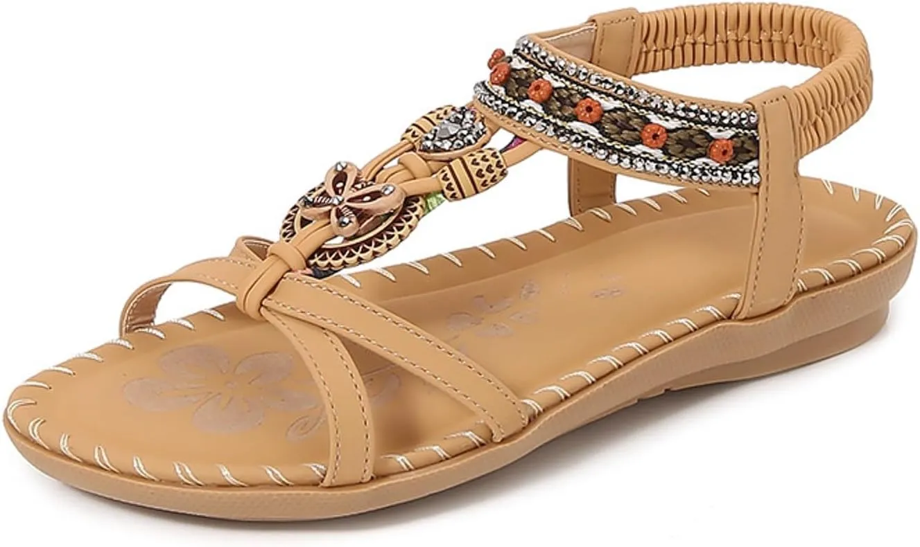 Rhinestone Slippers Flat Sandals for Women,Bohemian Casual Beach Slip on Comfortable Walking Open Toe Shoes for Women Summer Dressy Outdoor Sandals