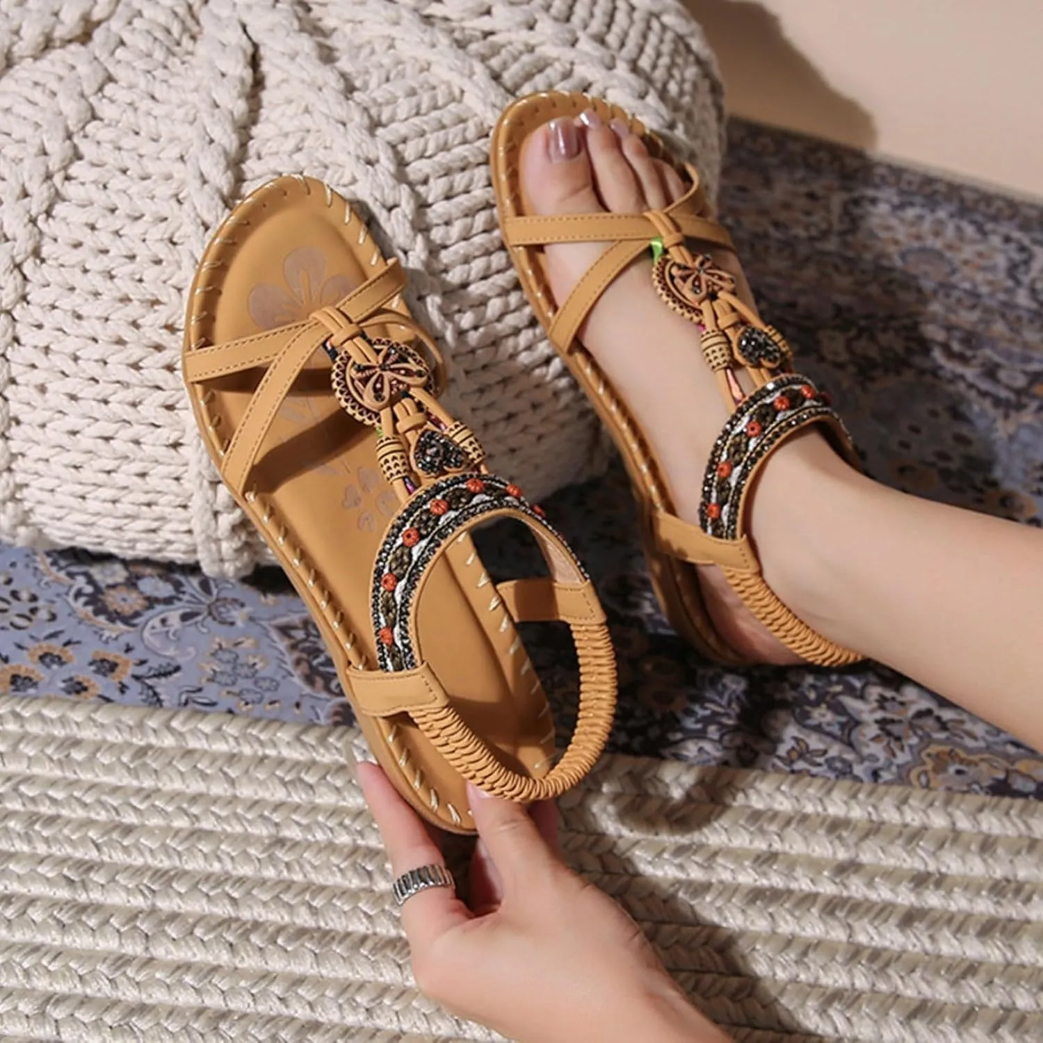 Rhinestone Slippers Flat Sandals for Women,Bohemian Casual Beach Slip on Comfortable Walking Open Toe Shoes for Women Summer Dressy Outdoor Sandals