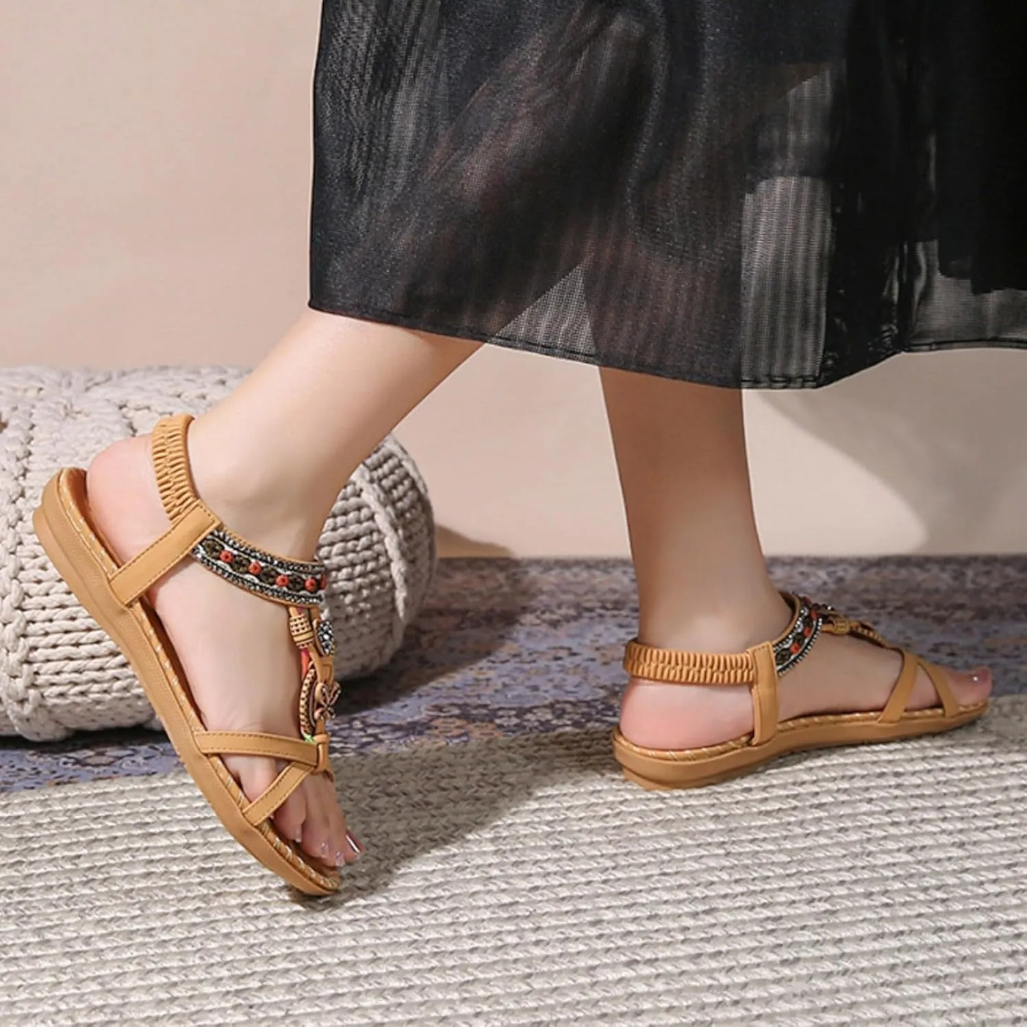 Rhinestone Slippers Flat Sandals for Women,Bohemian Casual Beach Slip on Comfortable Walking Open Toe Shoes for Women Summer Dressy Outdoor Sandals