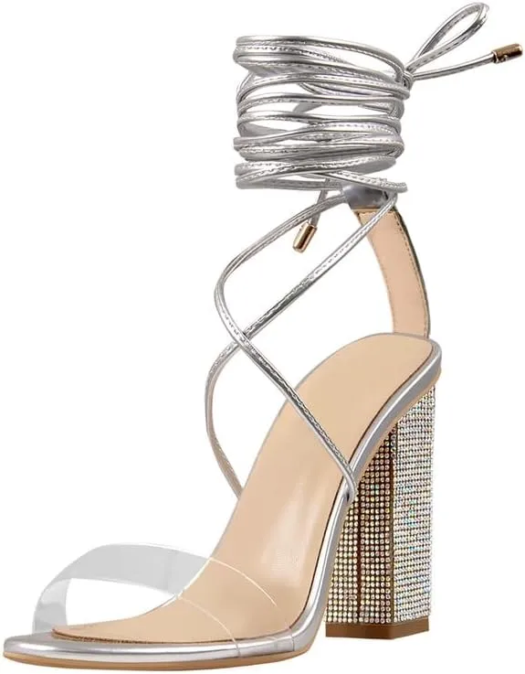 Richealnana Women's Rhinestones Block Heel Lace Up Ankle Wrap Heeled Sandals
